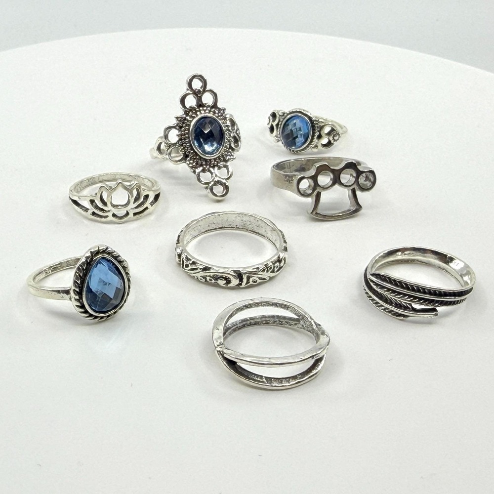 8pc Boho Ring Set Silver Tone Blue‎ Crystal Lotus Knuckle Punk Stackable Jewelry